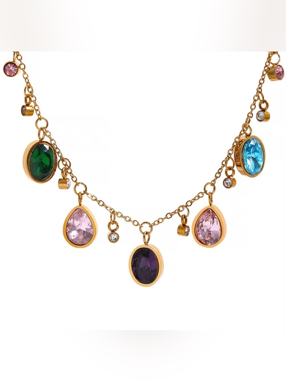 Rainbow Gemstone Charm Necklace – 18K Gold PVD Plated Stainless Steel